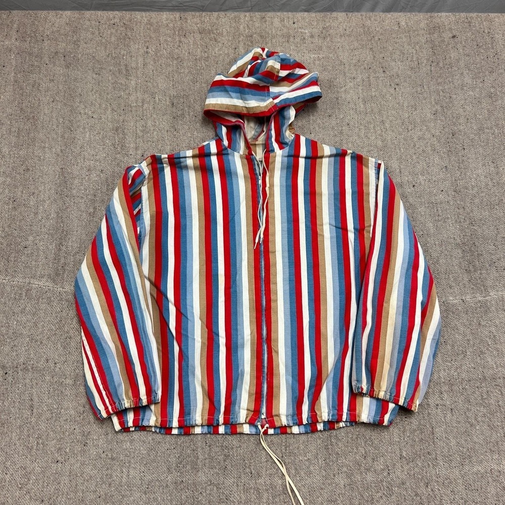 Vintage 1960s Striped Hooded Windbreaker Jacket Mens Small Blue Zip Up Cotton